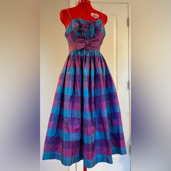 1960s / 1950s VTG Blue Purple Plaid Tuxedo Bodes Fit & Flare Sundress - Picture 4 of 9